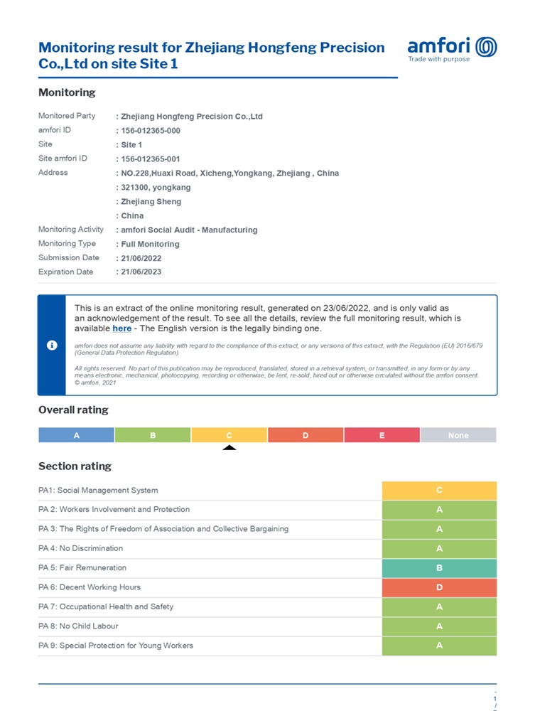 Rapport d'audit sommaire BSCI Hongfeng 2022
